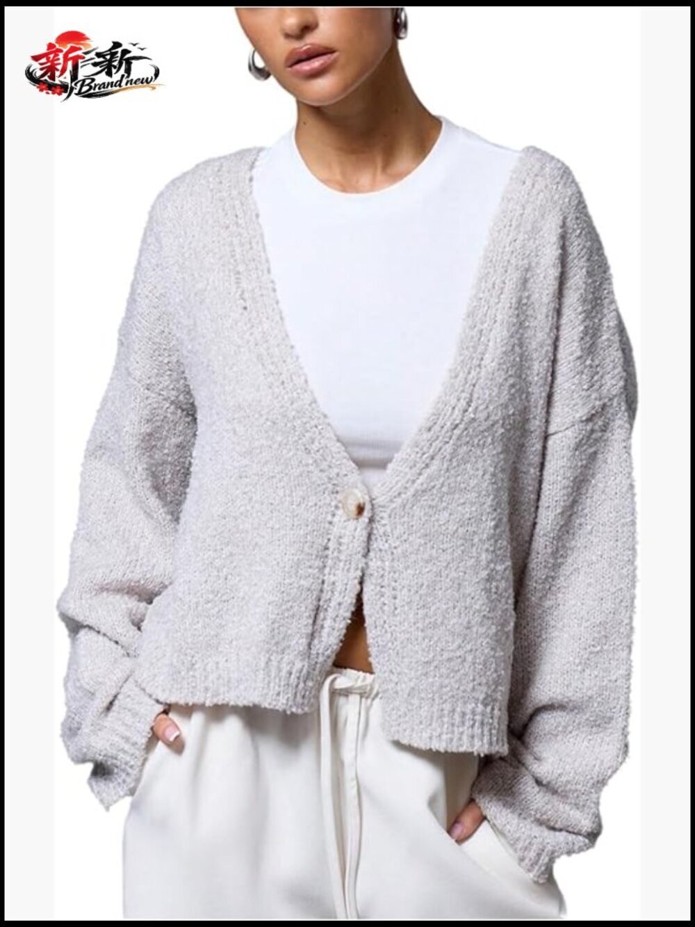 Deep V Neck Fuzzy Cardigan Casual Drop Shoulder Long Sleeve Oversized Knitted